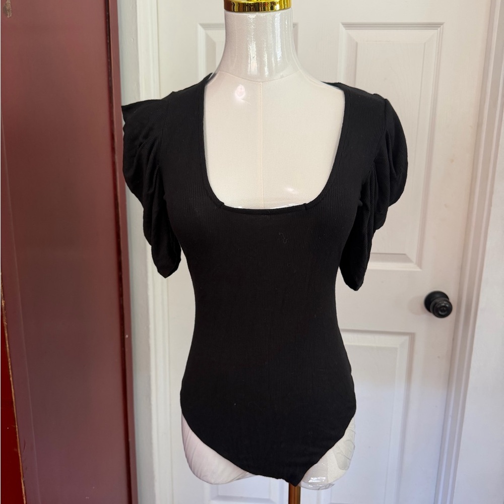 Free People Black Puff Sleeve Bodysuit